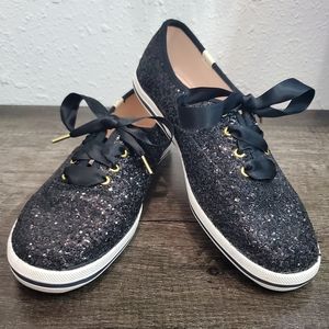 Kate Spade Keds Champion Black Glitter Ribbon Lace Up Sneakers